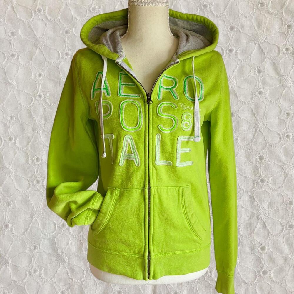 Vintage Y2K Aeropostale Lime Green Zip Up Jacket Hoodie Embroidered Patch Logo